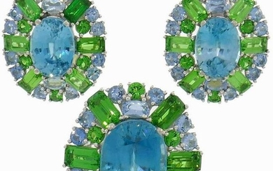Zircon Tsavorite Aquamarine Gold Earrings and Ring Set