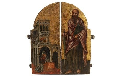 Zwei Fragmente gotischer Tafelbildchen, zusammengestellt zu einer rundbogigen Doppeltüre in Art einer Sakramentsnische