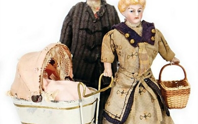 a pair of dollhouse dolls, around 1900, man, 16 cm