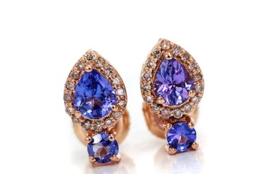 *no reserve* 1.10 ct Blue Tanzanite & 0.24 ct N.Fancy Pink Diamond Designer Earrings - 1.99 gr - 14 kt. Pink gold - Earrings - 1.10 ct Tanzanite - Diamond