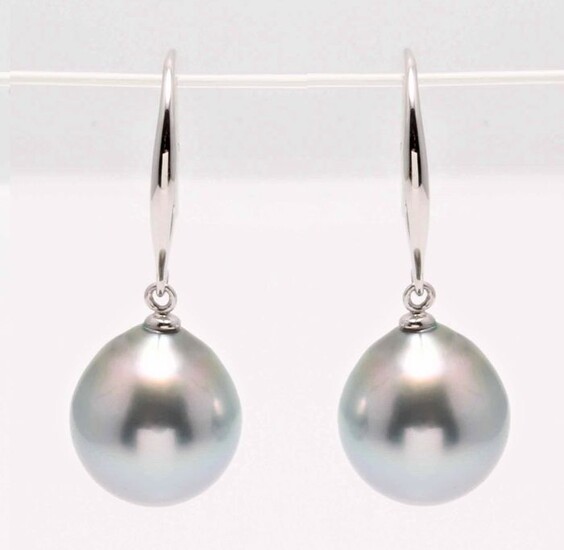 no reserve - 14 kt. White Gold - 9x10mm Silvery Grey Tahitian Pearl Drops - Earrings