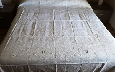 wonderful double bedcover in 100% linen with hand stitch and full stitch - Linen - 21st century