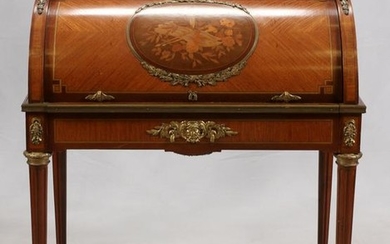 FRENCH, CYLINDER FRONT FRUITWOOD DESK WITH INLAYS