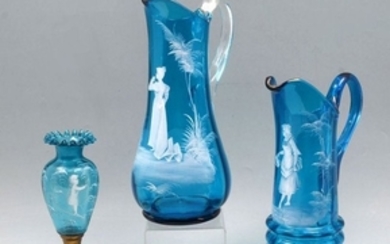 3 PC. MARY GREGORY BLUE GLASS COLLECTION
