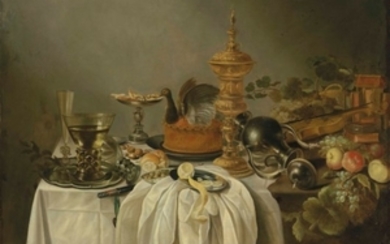 Cornelis Kruys (Brendt 1605-1668), A pewter jug, a game pie, a silver tazza, roemers and a façon-de-Venise flute on a pewter platter, with a partly-peeled lemon, a dish of olives, and other fruit, on a partially draped table