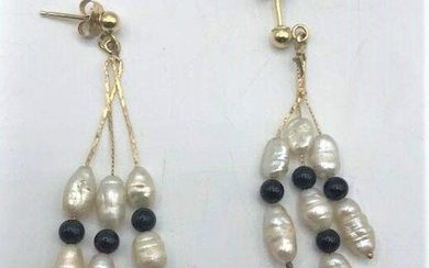 14 K Gold Backs Fresh Water & Black Onyx Earrings