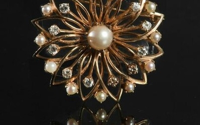 14K Gold Pearl and Diamond Brooch / Pendant