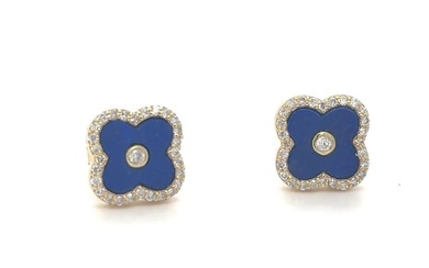 14KT YELLOW GOLD LAPIS AND DIAMONDS CLOVER EARRING