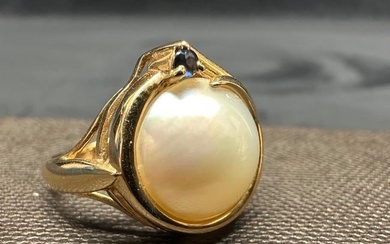 14k Gold Half Pearl Ring With Sapphire