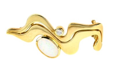 18K Gold Diamond and Opal Modernist Brooch