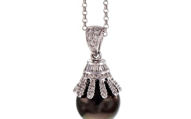18K White Gold South Sea Black Cultured Pearl 0.75ctw. Diamond Pendant Necklace
