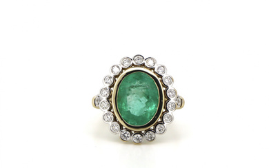 18K Yellow Gold, 4.90ct Colombian Emerald and Diamond, Halo Ring....