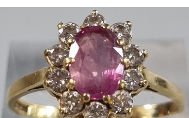 18ct gold pink stone and diamond cluster ring (possibly sapp...