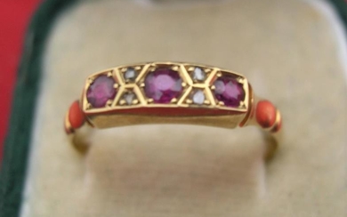 18ct yellow gold 3 stone ruby ring interspersed with...