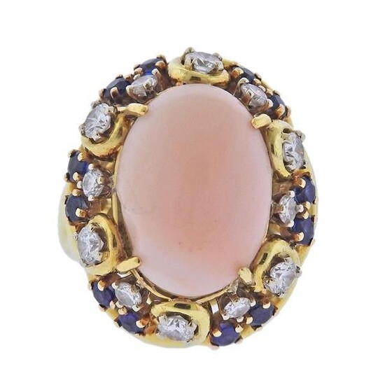 18k Gold Coral Sapphire Diamond Ring