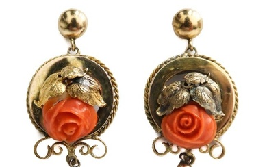 18k and 14k Yellow Gold and Carved Red Coral Earrings