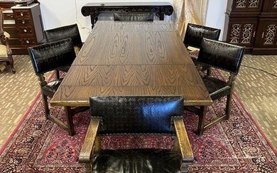 1920s Moorish Tooled Leather Oak Dining Table with 6 Chairs