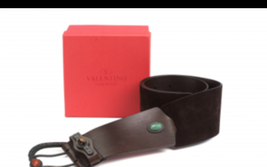 VALENTINO GARAVANI Dark brown chamoix leather belt with large...