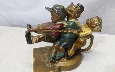 1930's Painted Cast Metal Bookend Sculpture Boys Tug of