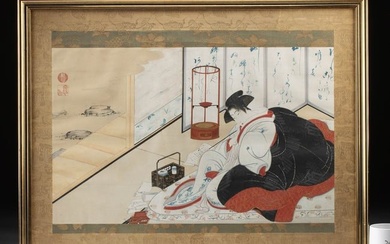 19th C. Japanese Shunga Woodblock - Geisha Writing