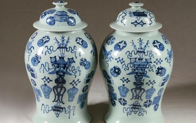 19th C. Pair Celadon-Ground Blue & White Vessels