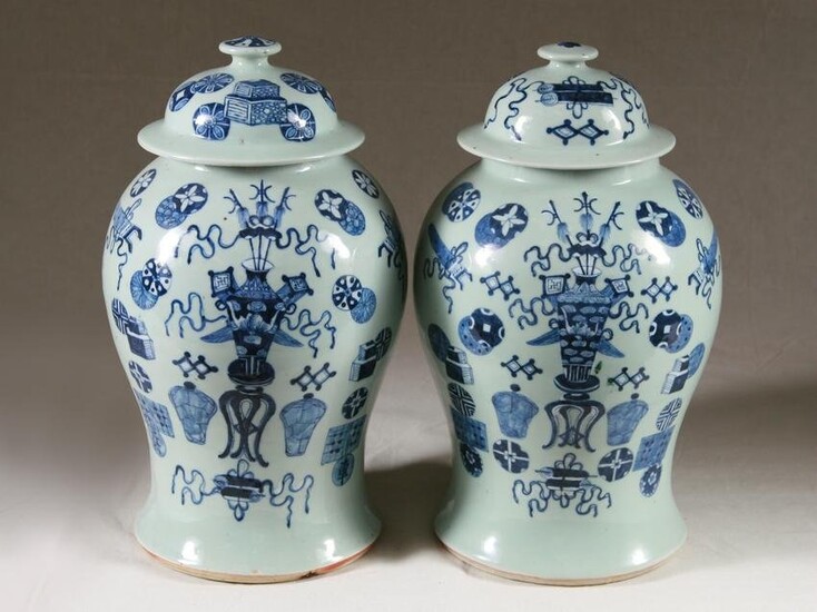 19th C. Pair Celadon-Ground Blue & White Vessels