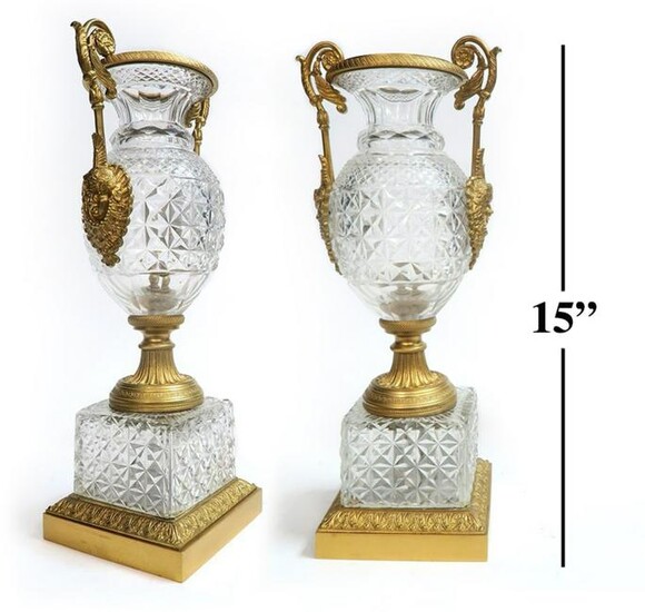 19th C. Pair of Figural Bronze & Crystal Vases
