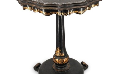 19th C. Victorian Lacquered Papier Mache And Mother Of Pearl Tilt Top Table