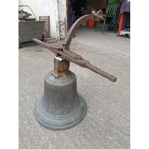 19th C. bronze bell {70 cm H including hanger x 60 cm Dia}.