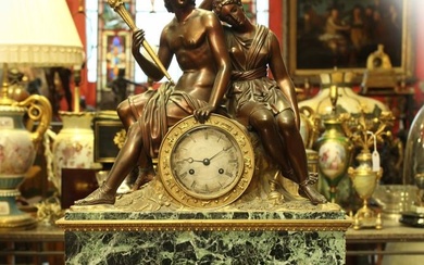 19th century Dore bronze mounted marble mantel clock with sculpture group