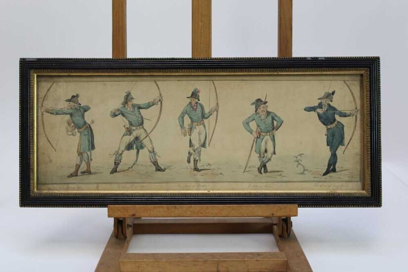 19th century English School, pen and ink drawing - The Graces of Archery, inscribed, in glazed frame, 18.5cm x 52.5cm