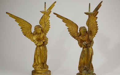 (2) 19th c. gilt bronze angel candle prickets, 22.5"h