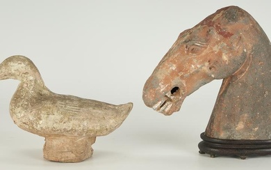 2 Asian Archaistic Sculptural Items, Tomb Figure & Terracotta Horse Head