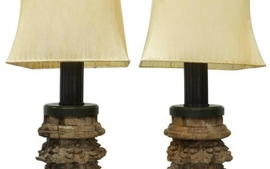 (2) LARGE CARVED CORINTHIAN CAPITAL TABLE LAMPS