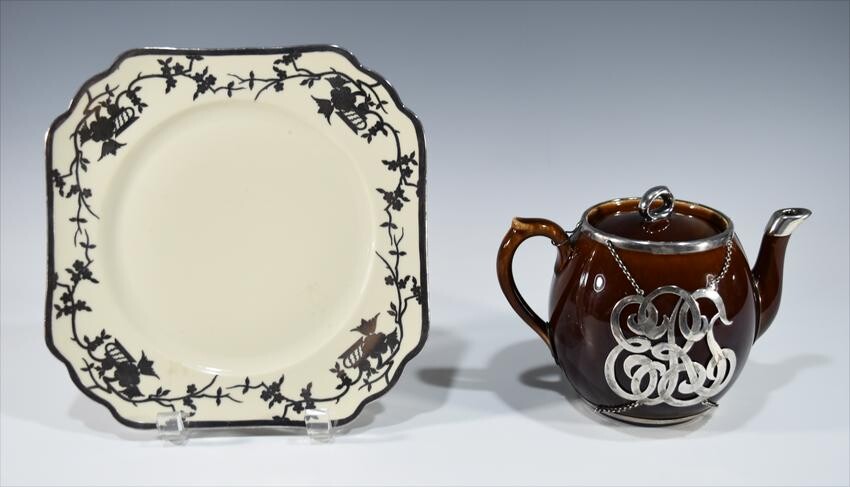 2 Sterling Silver over Brown Glazed Lenox Teapot