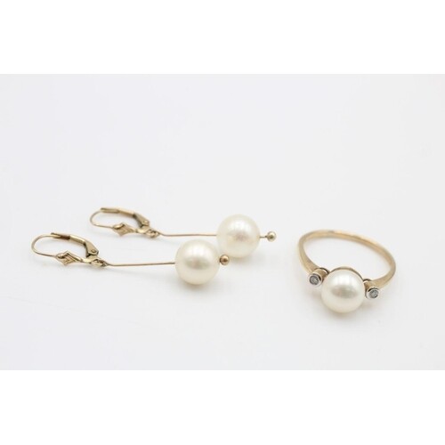 2 x 9ct gold cultured pearl jewellery inc. diamond, ring, dr...