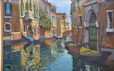 20th century, oil on canvas, decorative Venice canal scene, signed illegibly, approx 9" x 13" sight