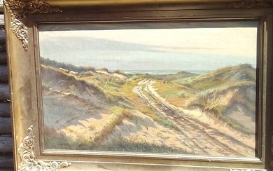 Carl Milton Jensen: Dunes with sheep. Signed C. Milton Jensen 1917. Oil on canvas. 45×68 cm. Frame size 59×83 cm.