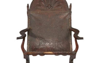 Carved mahogany and embossed leather campeche chair Mexico, first...