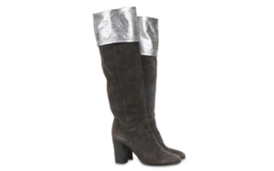 Chanel Silver and Grey Knee High Boots, suede and