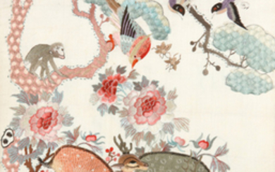 A CHINESE EMBROIDERED 'DEER AND MONKEY' PANEL. Qing...