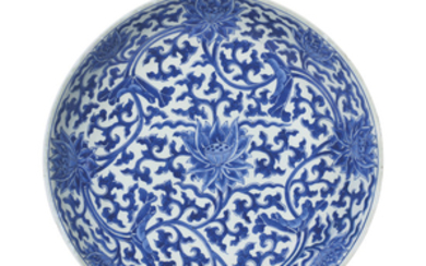 A CHINESE LARGE BLUE AND WHITE 'LOTUS' DISH, KANGXI SIX-CHARACTER MARK IN UNDERGLAZE BLUE WITHIN A DOUBLE CIRCLE AND OF THE PERIOD (1662-1722)