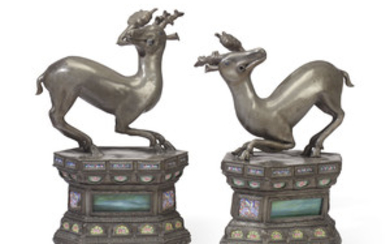 A PAIR OF CHINESE SILVERED-METAL DEER WITH LINGZHI, 20TH CENTURY