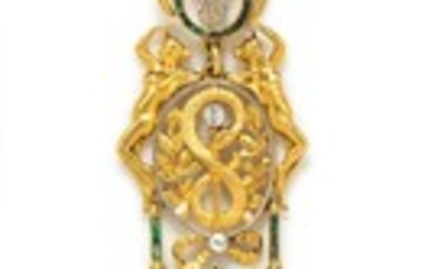 * An Edwardian Yellow Gold, Platinum, Diamond, and Emerald Serpent Motif Fob Pendant