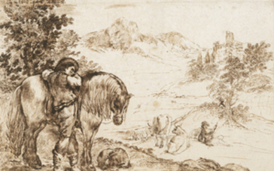 Giuseppe Caletti, il Cremonese (Cremona circa 1595-1660 Ferrara), A boy next to a pony in a hilly landscape