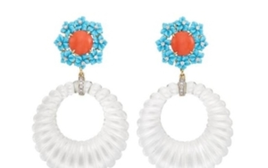 Pair of Gold, Coral, Carved Turquoise, Diamond and Fluted Rock Crystal Hoop Pendant-Earclips