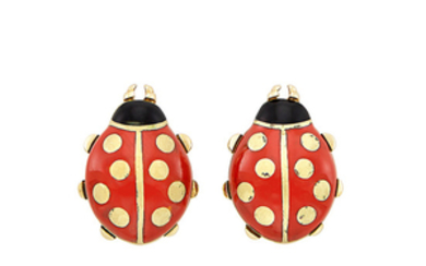 Pair of Gold and Enamel Ladybug Earrings, Cartier