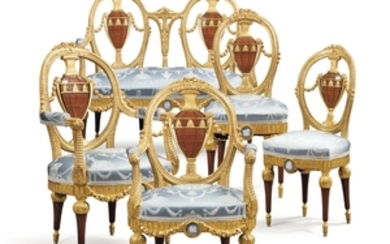 A jasperware-mounted giltwood, mahogany and tulipwood salon suite, probably Russian, late 19th century