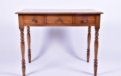 A late 19th century mahogany three-drawer side table with turned legs, 91 cm x 52 cm x 72 cm.