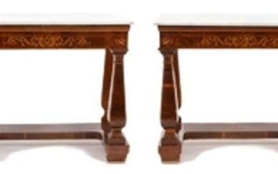 A Pair of Neoclassical Marquetry Satinwood Marble Top Pier Tables